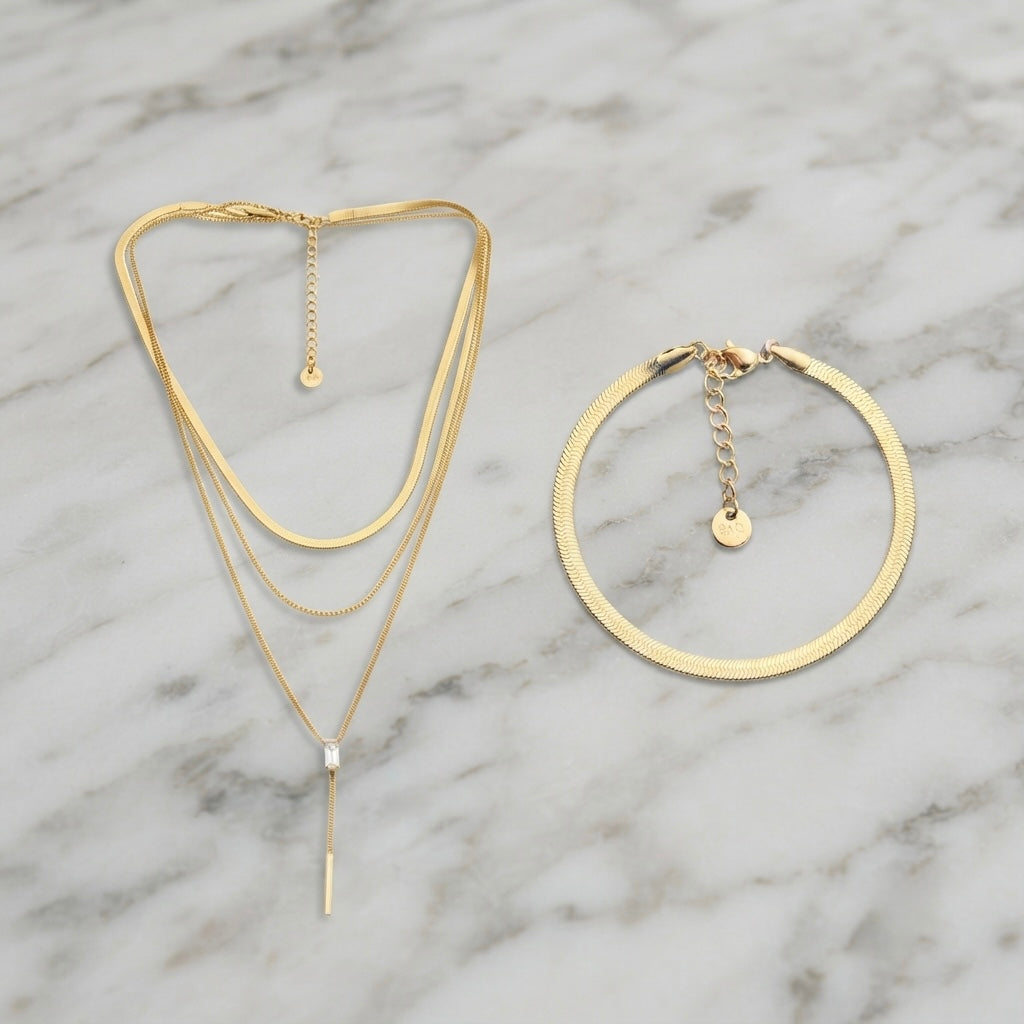 The Chain Duo — Aurelia Triple-Layer Lariat & Herringbone Chain Bracelet