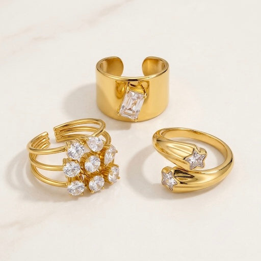 The Stack Trio — Cluster Crown, Lyra Star Wrap & Wide Baguette Rings