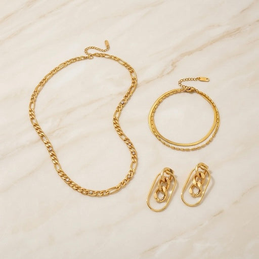 The Chain Edit — Figaro Necklace, Duo Strand Bracelet & Chain Frame Hoops