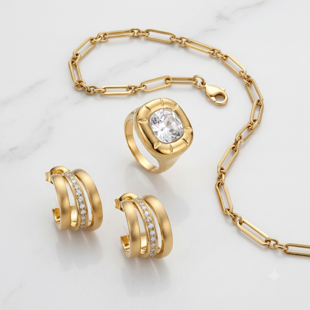 The Everyday Stack — Hoops, Bracelet & Ring Set