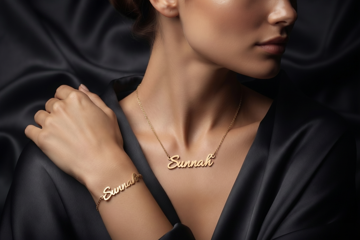 Custom Name Chain Set - English, Various Fonts Available (Necklace and Bracelet)