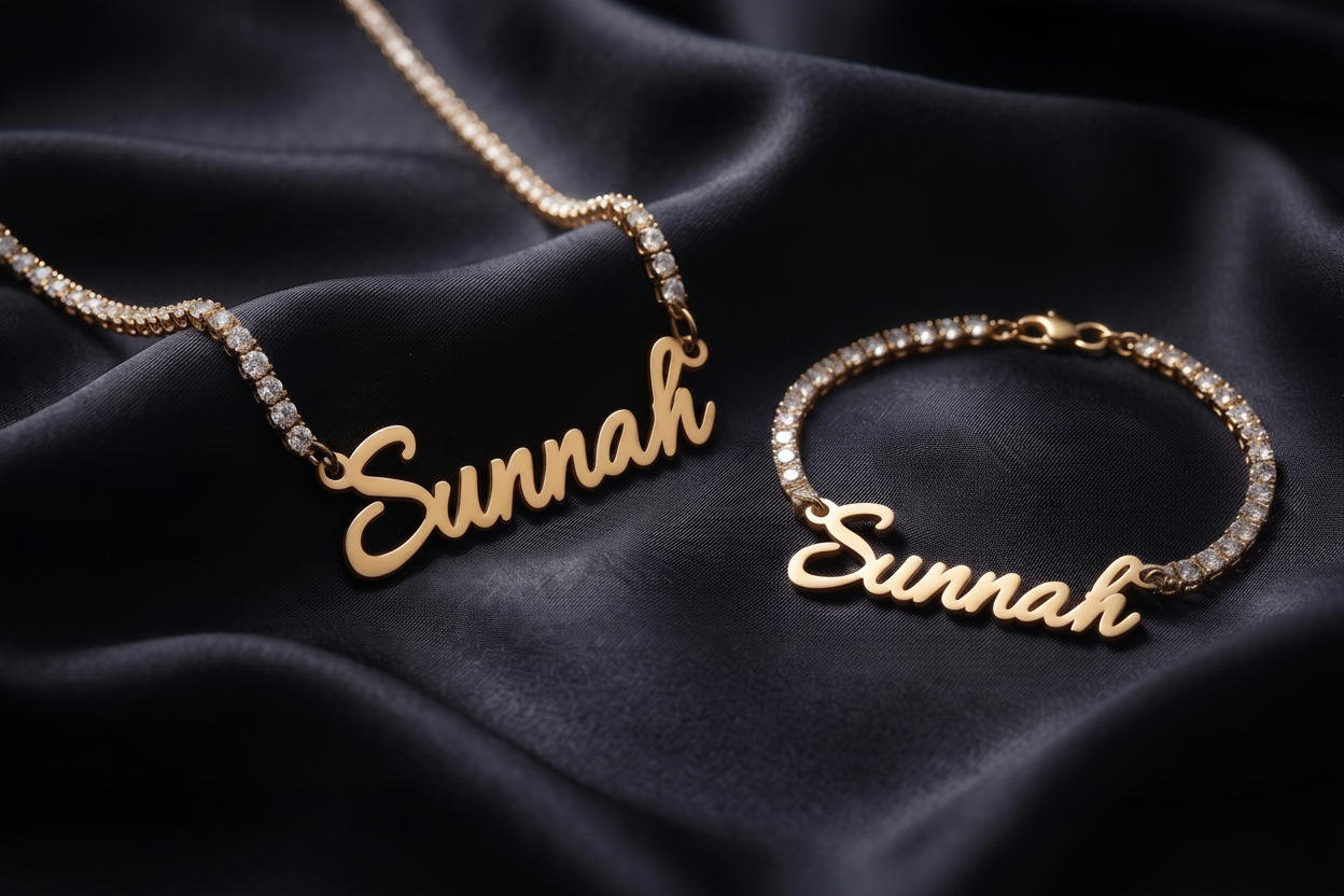 Custom Name Tennis Set - English, Various Fonts Available (Necklace and Bracelet)