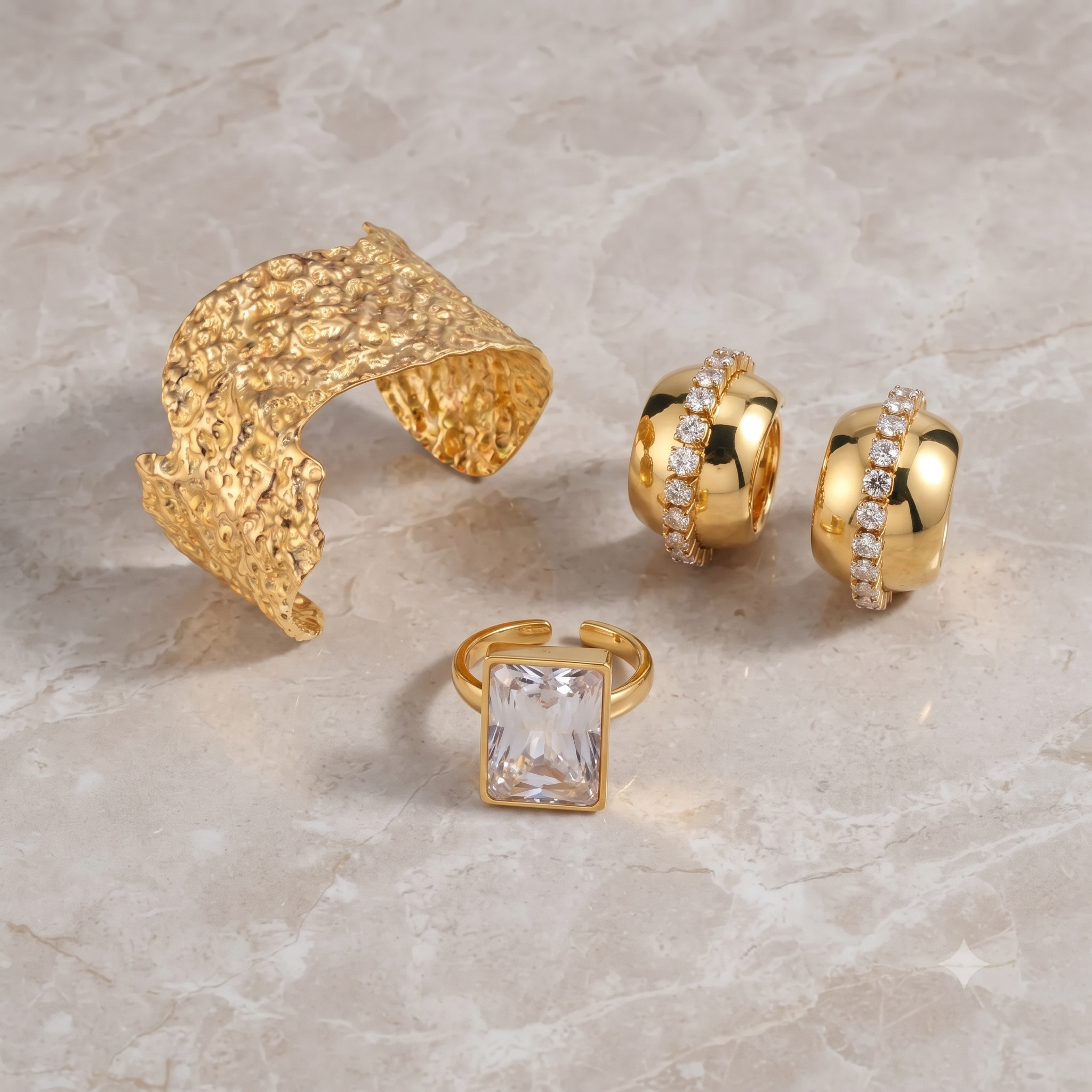 The Power Stack — Crushed Cuff, Dome Hoops & Baguette Ring